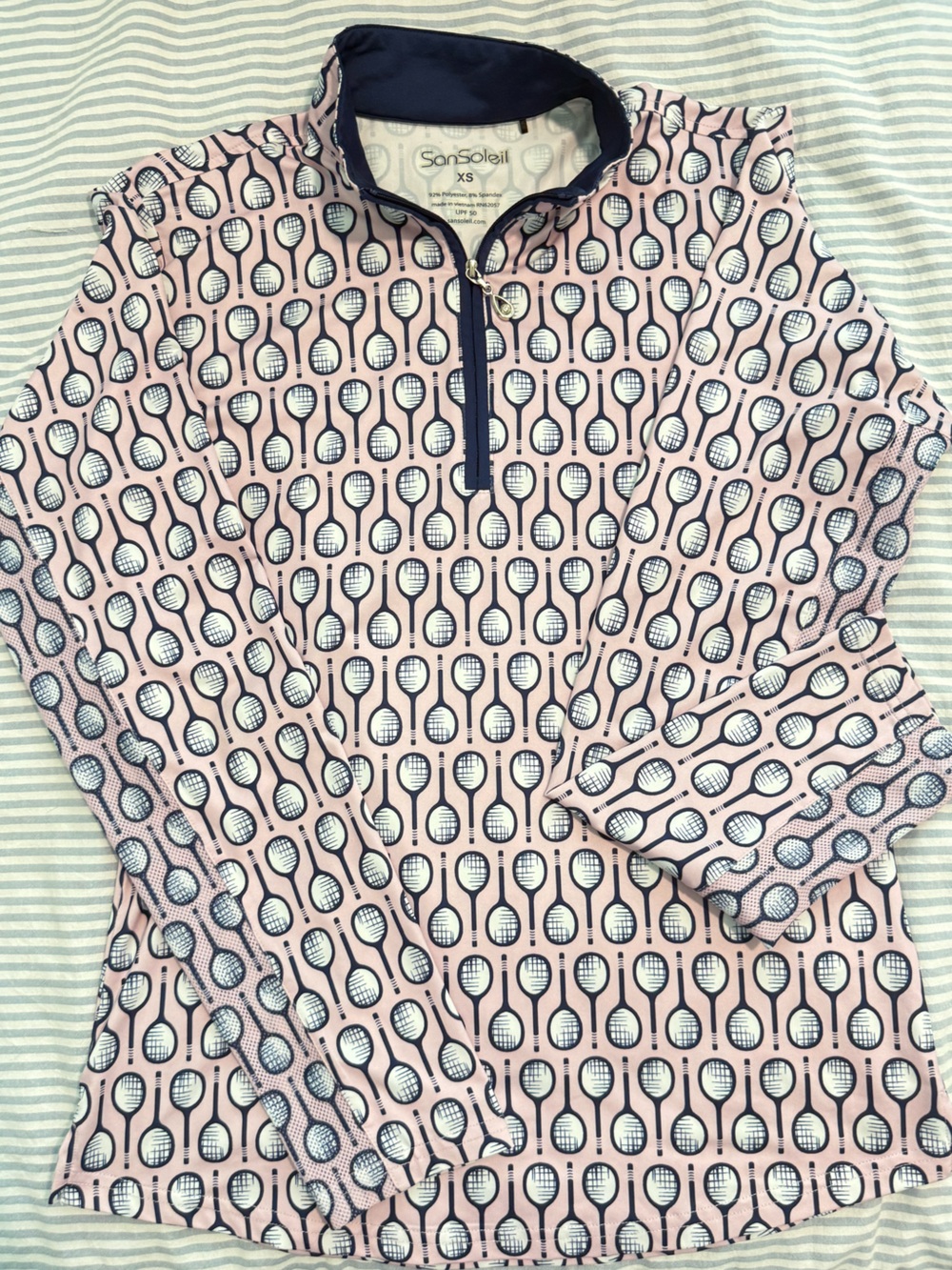 SanSoleil XS quarter zip SPF 50 pullover-over with Tennis Rackets and cute zippe